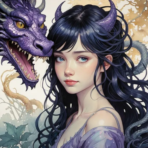 Prompt: the cheshire princess has found her smile and she has a dragon protector. Mythical creatures background forest. Android Jones, James Jean, takato yamamoto, Arthur Rackham. watercolor, volumetric lighting, maximalist, concept art, intricately detailed, elegant, expansive, 32k, fantastical, golden ratio principles, haunted, glass sculpture, honeycomb patterns, art by makoto shinkai, conrad roset. 3d, iridescent watercolors ink, polished finish, gradient chrome colors. Long jet black hair and dark purple eyes. 