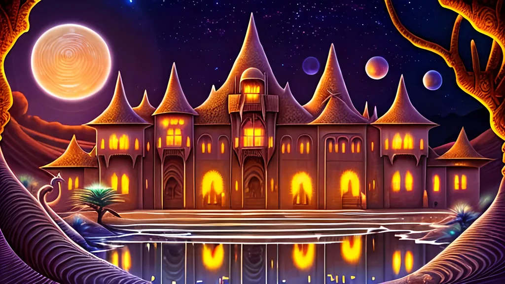 Prompt: Fantasy illustration of an African style palace in a desert, iridescent sand, magical school, enchanting aurora borealis night sky, fantasy, African style, highres, detailed, magical, enchanting, night time, desert, iridescent sand, colorful aurora, palace, fantasy school, mystical ambiance, detailed architecture, professional, captivating lighting