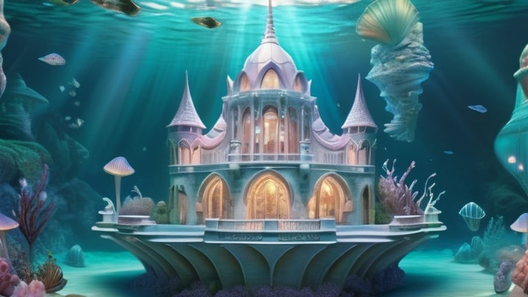 Prompt: Beautiful mermaid fairy water palace, half-submerged in water, half-floating in the air, seashell and limestone construction, fairycore, mermaidcore, ethereal lighting, pastel and iridescent color palette, detailed underwater flora and fauna, high quality, detailed, whimsical, underwater palace, floating palace, seashell construction, limestone architecture, fairycore aesthetic, mermaidcore style, ethereal lighting, pastel colors, iridescent tones