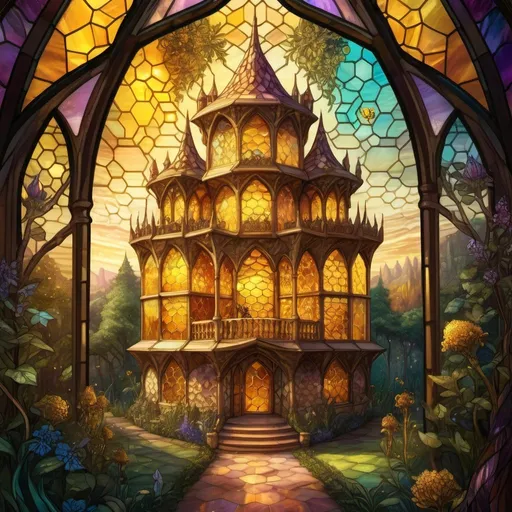 Prompt: Fantasy illustration of a majestic honeycomb palace, shimmering with golden hues, intricate hexagonal structure, buzzing bee architects, lush garden surroundings, magical fantasy, high fantasy, intricate details, vibrant colors, warm and ethereal lighting, bee hive, fairy palace, fae court, fairycore