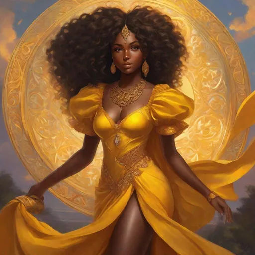 Prompt: Full body visible, oil painting, young 27 years old Human Black woman, black-skinned-female, ((beautiful detailed face and glowing anime chocolate eyes)), long glossy, coily hair, rosy cheeks, sly grin, looking at the viewer, sorceress wearing marigold yellow dress, raising her holy scepter to the sky, intricate hyper detailed hair, intricate hyper detailed eyelashes, intricate hyper detailed shining pupils, #3238, UHD, hd , 8k eyes, detailed face, big anime dreamy eyes, 8k eyes, intricate details, insanely detailed, masterpiece, cinematic lighting, 8k, complementary colors, golden ratio, octane render, volumetric lighting, unreal 5, artwork, concept art, cover, top model, light on hair colorful glamourous hyperdetailed ((moonlit)) background, intricate hyperdetailed battlefield, ultra-fine details, hyper-focused, deep colors, dramatic lighting, ambient lighting god rays | by sakimi chan, artgerm, wlop, pixiv, tumblr, instagram, deviantart