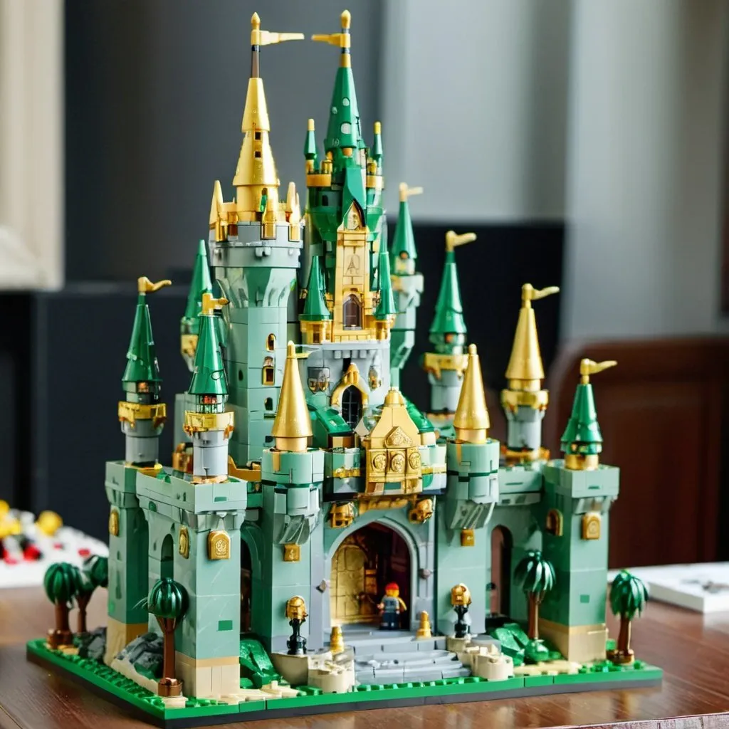 Prompt: huge ornate castle carved out of green marble and embellished with gold