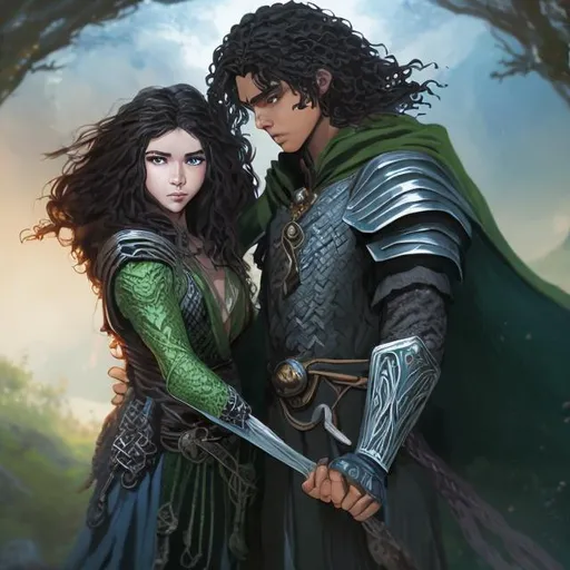 Prompt: Young fantasy hero man with flowing curly black hair, medium skin tone, flowing cloak, armor, ready to fight, standing next to beautiful Japanese fantasy heroine with blue-black hair in a braid, green tunic, highres, detailed, fantasy, epic, heroic, curly hair, flowing cloak, medium skin tone, armor, intense gaze