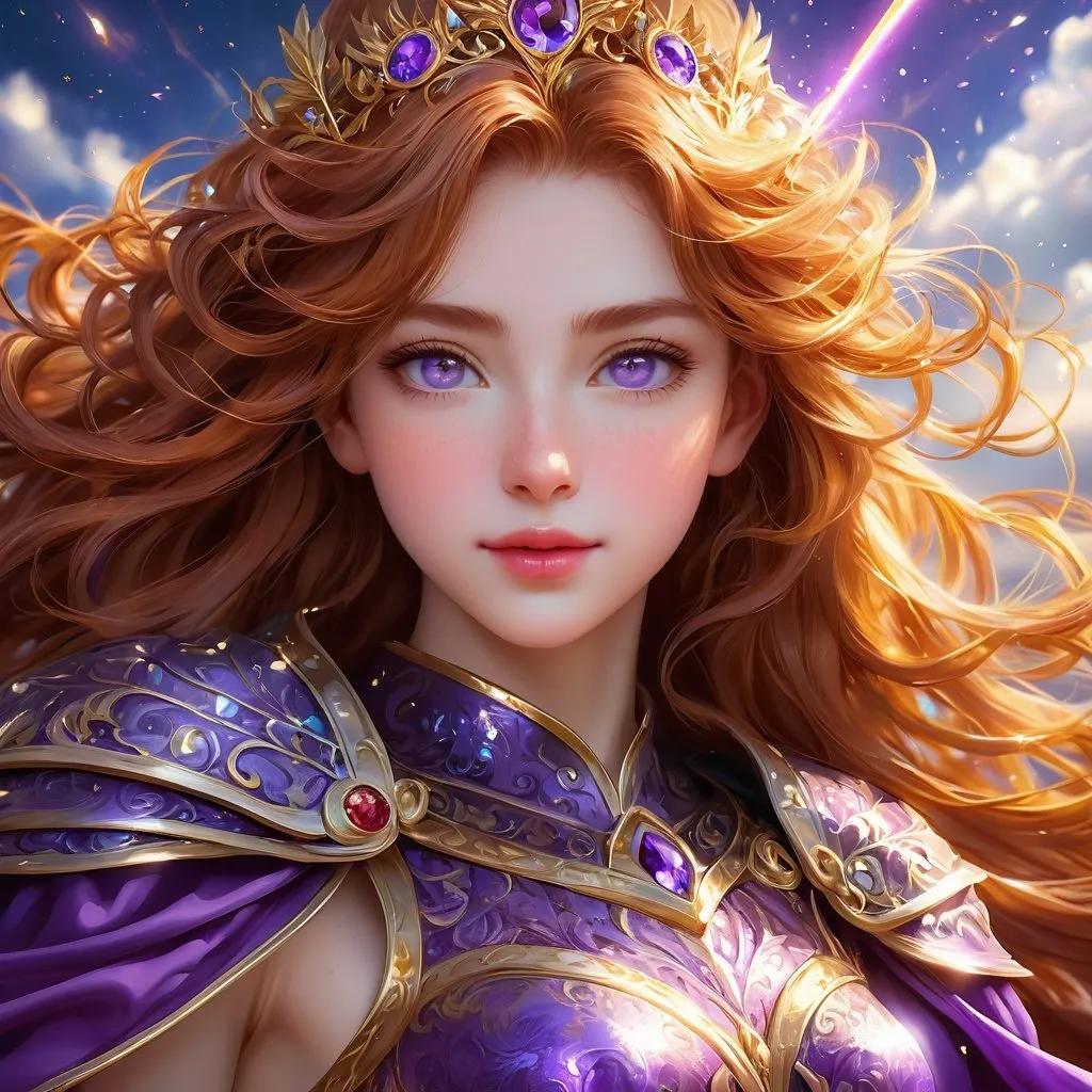 Prompt: Full body visible, oil painting, young 22 years old Human pale freckly girl, pale-skinned-female, ((beautiful detailed face and glowing anime purple eyes)), long auburn hair, rosy cheeks, sly grin, looking at the viewer, queen wearing Tyrian purple dress, raising her holy scepter to the sky, intricate hyper detailed hair, intricate hyper detailed eyelashes, intricate hyper detailed shining pupils, #3238, UHD, hd , 8k eyes, detailed face, big anime dreamy eyes, 8k eyes, intricate details, insanely detailed, masterpiece, cinematic lighting, 8k, complementary colors, golden ratio, octane render, volumetric lighting, unreal 5, artwork, concept art, cover, top model, light on hair colorful glamourous hyperdetailed ((Battlefield)) background, intricate hyperdetailed battlefield, ultra-fine details, hyper-focused, deep colors, dramatic lighting, ambient lighting god rays | by sakimi chan, artgerm, wlop, pixiv, tumblr, instagram, deviantart