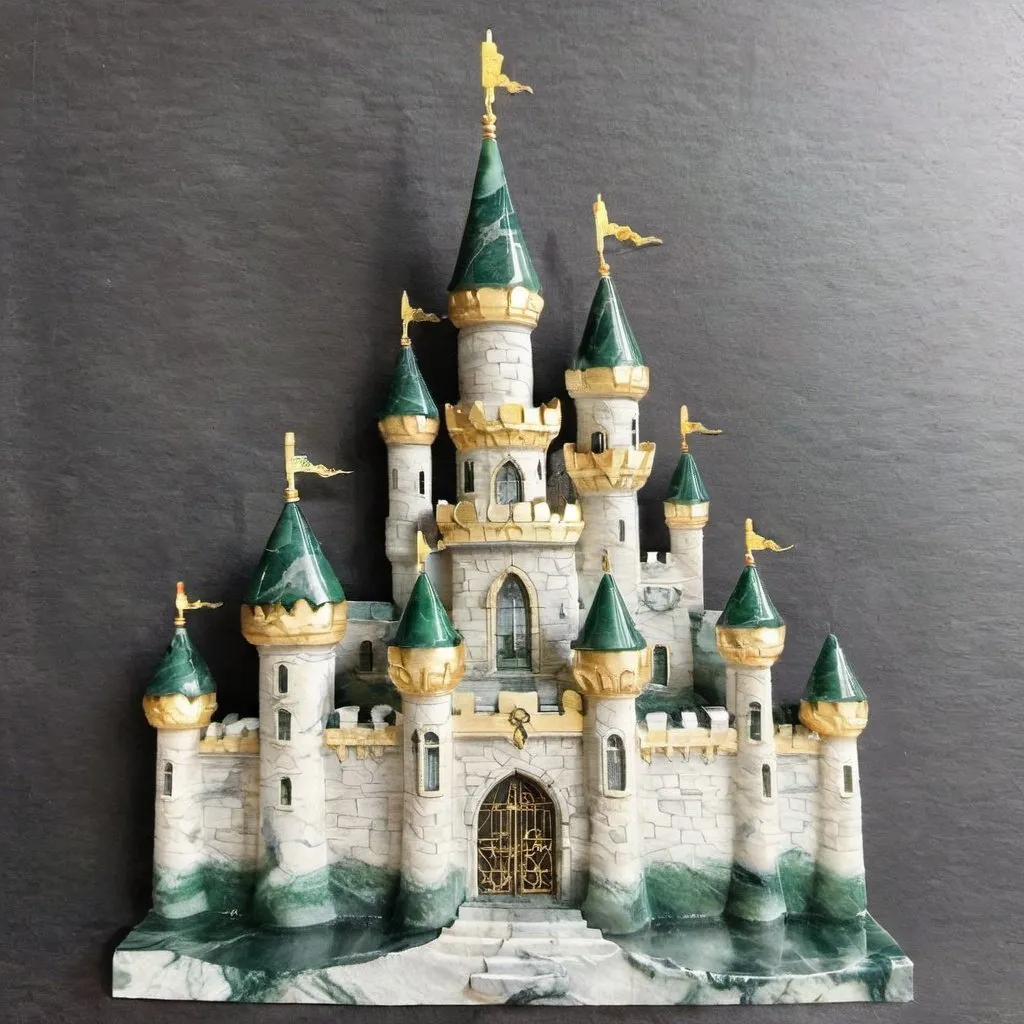 Prompt: Ornate castle, made of dark green marble, gold embellishments, opulent, luxurious, fantasy, grand, majestic, regal, detailed, high quality, grand lighting, dark tones, professional, fantasy, dark green marble construction