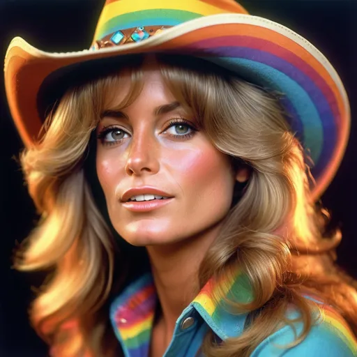 Prompt: Realistic portrait of a groovy 1970's cowgirl, iconic Farrah Fawcett hair, vibrant rainbow color palette, retro hippie fashion, detailed facial features, high-quality realism, vintage, groovy, rainbow, cowgirl, Farrah Fawcett hair, 1970's fashion, detailed portrait, vibrant colors, iconic, vintage vibes, realistic style, groovy lighting