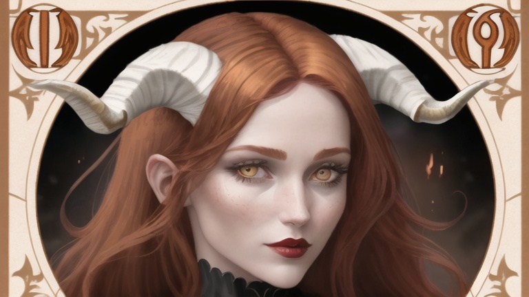 Prompt: woman with goat horns, devil tarot card. she has auburn hair and hazel eyes. 