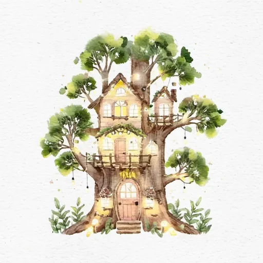 Prompt: Fairy treehouse mansion, whimsical and magical, enchanted forest setting, sparkling fairy lights, lush greenery, high quality, fantasy, detailed woodwork, pastel colors, ethereal lighting, fireflies