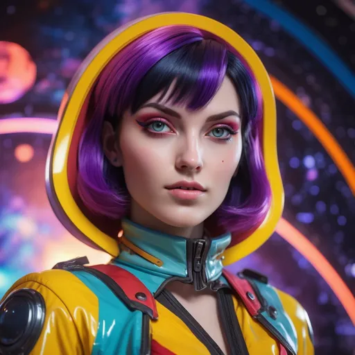 Prompt: Realistic depiction of Faye Valentine, cosmic cowgirl outfit, space rave, detailed facial features, high quality, realism style, vibrant cosmic colors, futuristic setting, celestial background, intricate costume design, dynamic lighting, professional artwork, detailed eyes, realistic hair texture, lively atmosphere