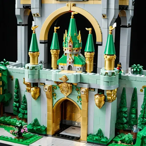 Prompt: huge ornate castle carved out of green marble and embellished with gold