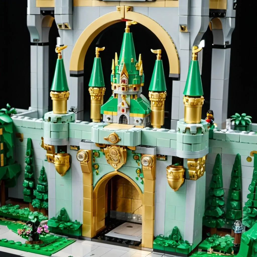 Prompt: huge ornate castle carved out of green marble and embellished with gold