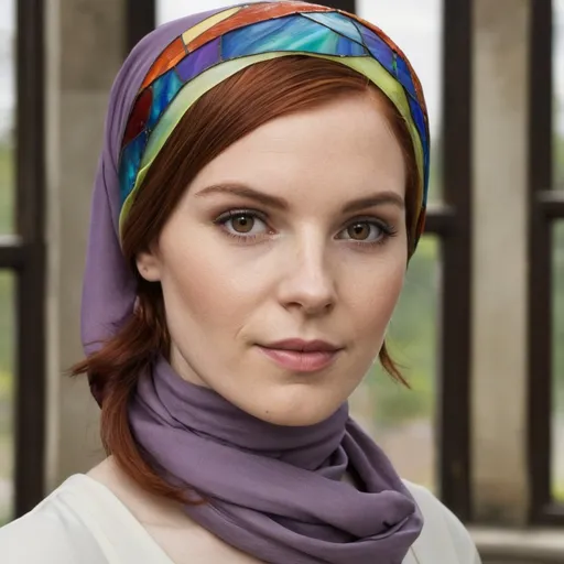 Prompt: woman with auburn hair wearing a headscarf made of stained glass