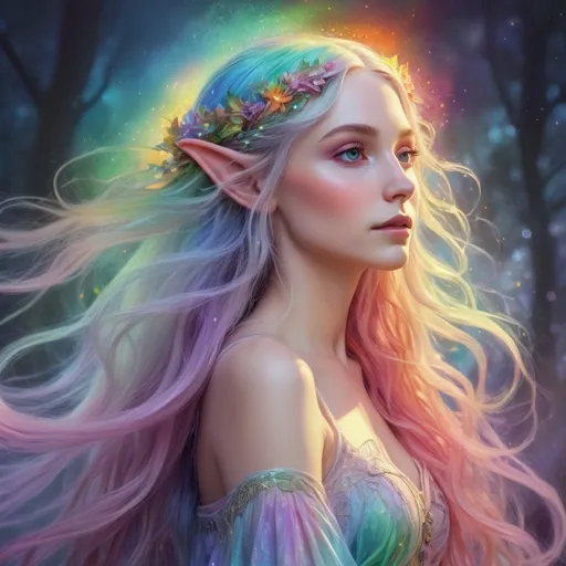 Prompt: Rainbow elf, vibrant colors, fantasy illustration, high quality, ethereal, mystical, dreamy lighting, long flowing hair, magical, whimsical, pastel tones, detailed features, enchanting, otherworldly, fantasy, delicate, graceful, mystical glow