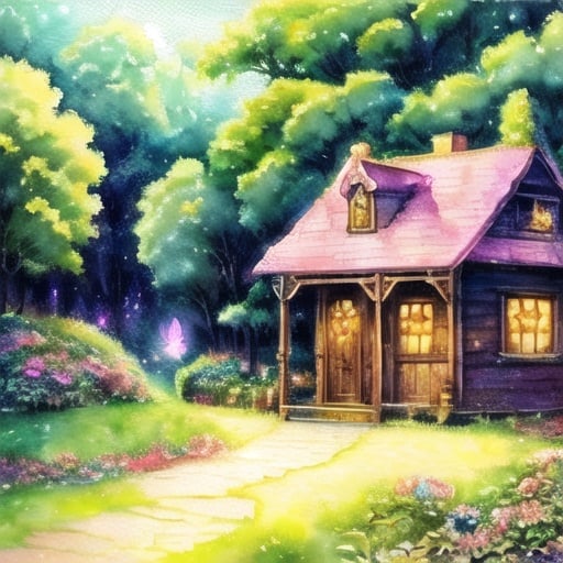 Prompt: Cute nostalgic fairy in a Tyrian purple dress, fairycore, cottagecore setting, detailed foliage, high quality, nostalgic, whimsical, detailed, watercolor style, pastel colors, soft lighting, animated, fairy wings, vintage aesthetic, cozy cottage, magical atmosphere, watercolor painting, vintage style