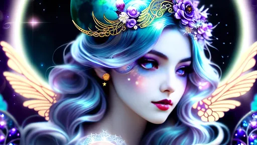 Prompt: Lunar fairy queen with ornate, white glowing wavy hair, amethyst eyes, ethereal glow, detailed facial features, fairytale delicate gossamer wings, flying, fantasy style, moonlit scene, mystical atmosphere, art nouveau, starry night, elegant, detailed eyes, high quality, detailed, fantasy, ethereal glow, moonlit, delicate wings, floating