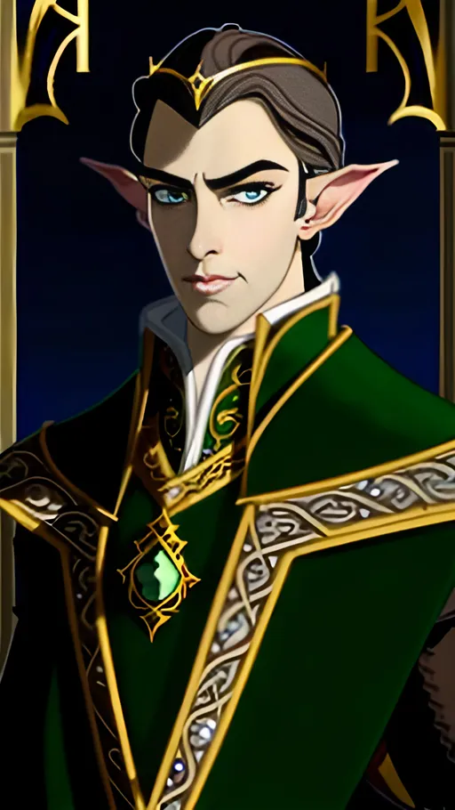 Prompt: Arrogant, handsome half-elf male Emperor with grey eyes and brown hair, Dmitri from Anastasia inspired, royal attire in dark green, regal posture, ornate crown, detailed facial features, high quality, regal, royal, aristocratic, intense gaze, luxurious, royal attire, Dmitri inspired, detailed eyes, professional lighting