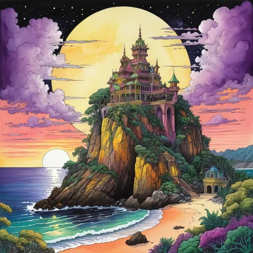 Prompt: Colored ink drawing of a fantastical crytal palace with purple moon lighting the night on a steep dirt cliff, magnificent coral, green, and yellow clouds above, rocky beach and ocean below, detailed foliage and vines, high quality, colored ink, magnificent clouds, detailed house, steep cliff, rocky beach, ocean, natural colors, atmospheric lighting