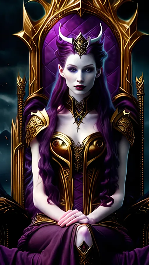 Prompt: Beautiful pale queen on her throne, dark red wavy hair, pale skin, deep purple enchanting eyes, fantasy, oil painting, regal attire, ornate throne, fantasy art style, rich and vibrant colors, dramatic lighting, high quality, fantasy, royal, detailed hair, pale complexion, enchanting eyes, regal attire, ornate throne