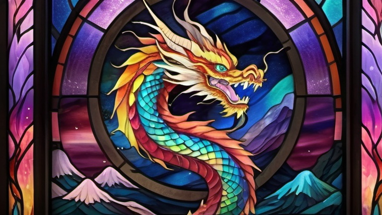 Prompt: Japanese dragon in the style of traditional Japanese art, vibrant aurora borealis in the background, intricate dragon scales, mythical creature, colorful and dynamic, high quality, traditional art style, vibrant colors, aurora borealis, detailed scales, mythical, Japanese art, breathtaking lighting, flying through the night sky