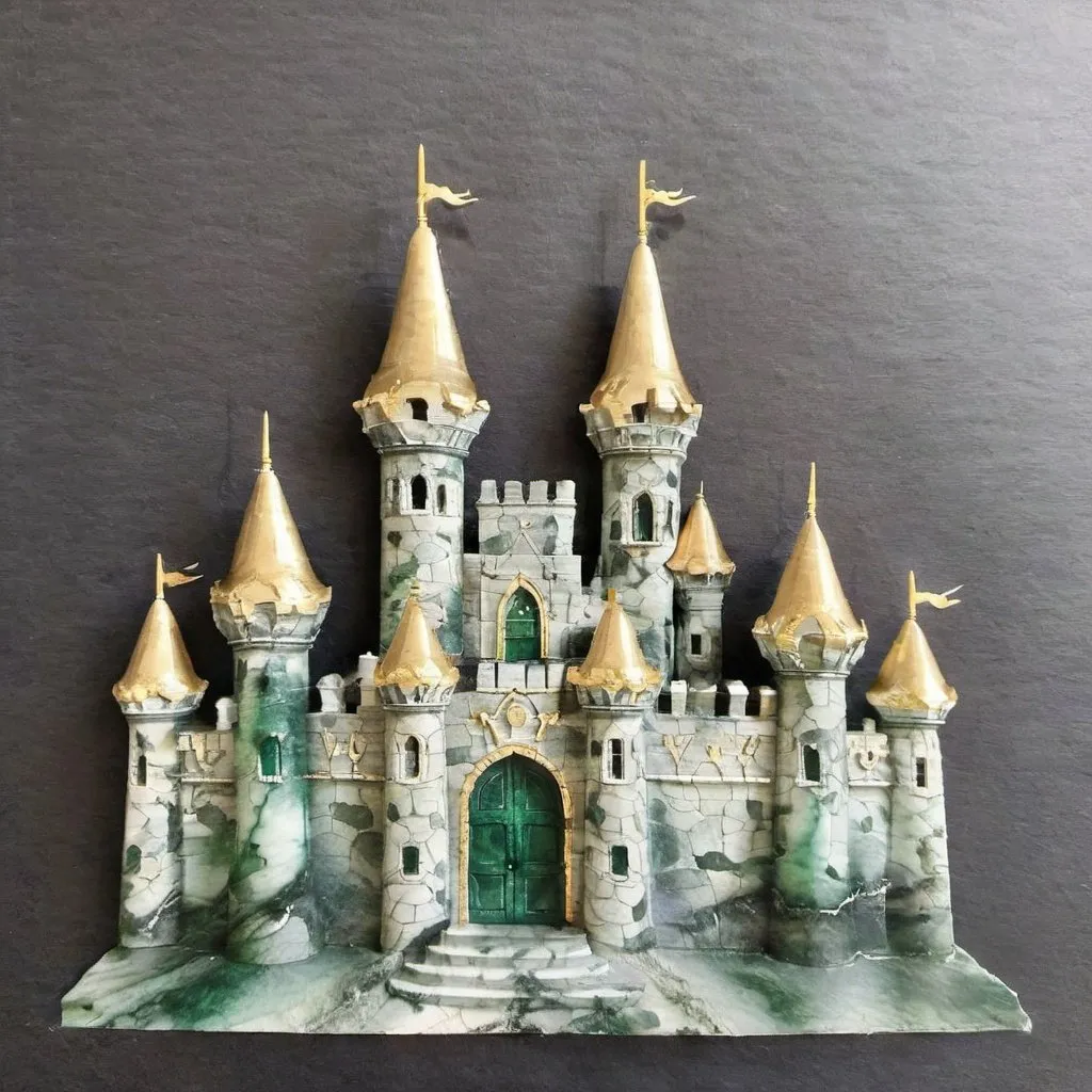 Prompt: Ornate castle, made of dark green marble, gold embellishments, opulent, luxurious, fantasy, grand, majestic, regal, detailed, high quality, grand lighting, dark tones, professional, fantasy, dark green marble construction