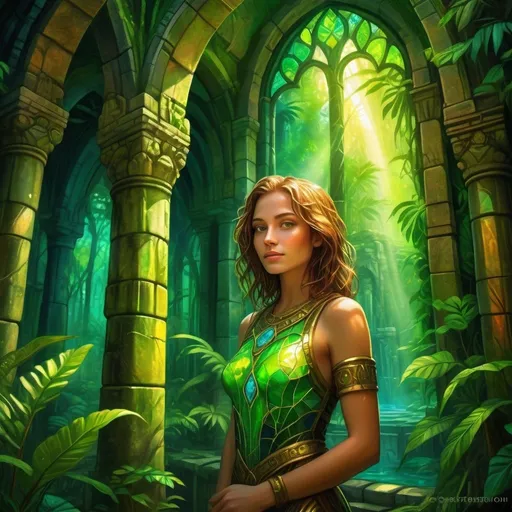 Prompt: Magic golden glowing hot spring in lush jungle temple ruins, vibrant green foliage, ancient mystical aura, high quality, digital painting, fantasy, vibrant green tones, glowing magical light, atmospheric ruins, detailed texture, mystical ambiance, jungle setting, ancient architecture, vibrant and unique, detailed reflections, magical atmosphere, professional, atmospheric lighting