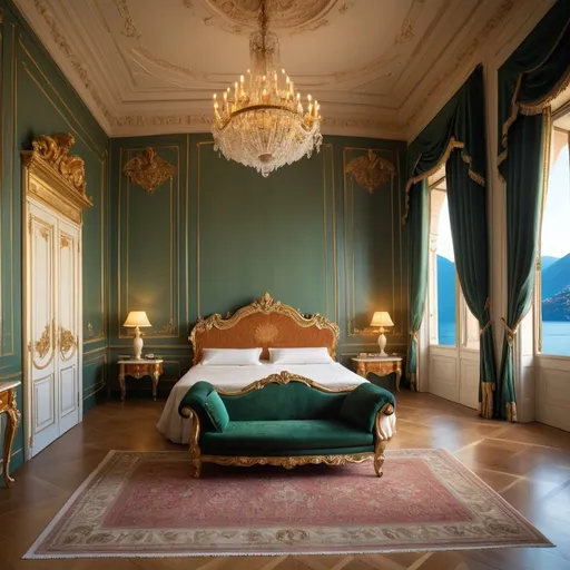 Prompt: Royal palace bedroom with large wide door opening to beautiful Lake Como, grand luxurious interior, ornate furniture, breathtaking view, high quality, detailed, opulent, royal, majestic, scenic, wide door, luxurious, exquisite, regal atmosphere, serene lake, grandiose, elegant design, lavish, luxurious furnishings, exquisite details, soft and warm lighting, scenic beauty, dark green