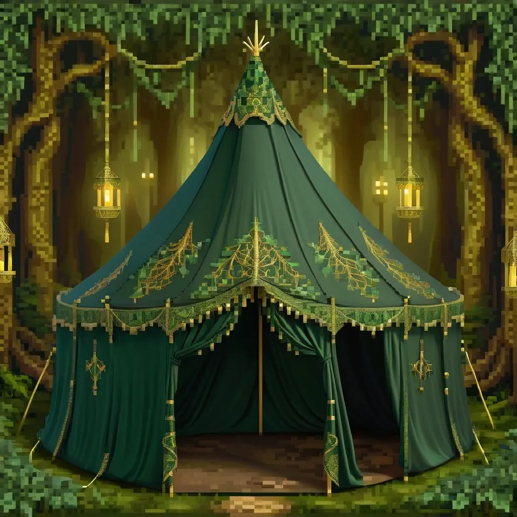 Prompt: elegant and luxurious French elf fantasy forest war tent, dark green silk with ornate gold filigree, mystical woodland setting, detailed embroidery, highres, intricate design, fantasy, ornate, mystical, forest, French, detailed pattern, dark green, gold filigree, intricate embroidery, atmospheric lighting