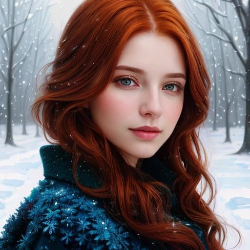 Prompt: Lev Lerch style painting, woman with auburn hair, deep teal winter dress, snowy winter setting, detailed facial features, oil painting, realistic, winter landscape, professional, highres, detailed hair, atmospheric lighting, deep colors, elegant, lev lerch will o the wisp painting