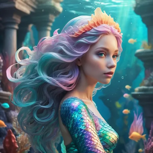 Prompt: Rainbow mermaid underwater palace, vibrant and colorful, sparkling bioluminescent lighting, high quality, fantasy, underwater, detailed scales, flowing hair, opalescent tail, majestic and regal, 3D rendering, ethereal, radiant, pastel tones, shimmering, ultra-detailed, fantasy, mermaid, underwater palace, vibrant colors, bioluminescent, opalescent tail, detailed scales, flowing hair, regal, 3D rendering, ethereal, pastel tones, shimmering
