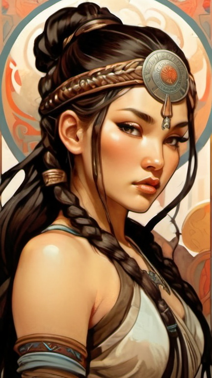 Prompt: pretty mongolian warrior princess with dark hair in braids
