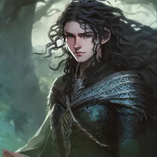 Prompt: Young fantasy hero with flowing curly black hair, medium skin tone, flowing cloak, armor, ready to fight, beautiful Japanese fantasy heroine with blue-black hair in a braid, green tunic, highres, detailed, fantasy, epic, heroic, curly hair, flowing cloak, medium skin tone, armor, intense gaze