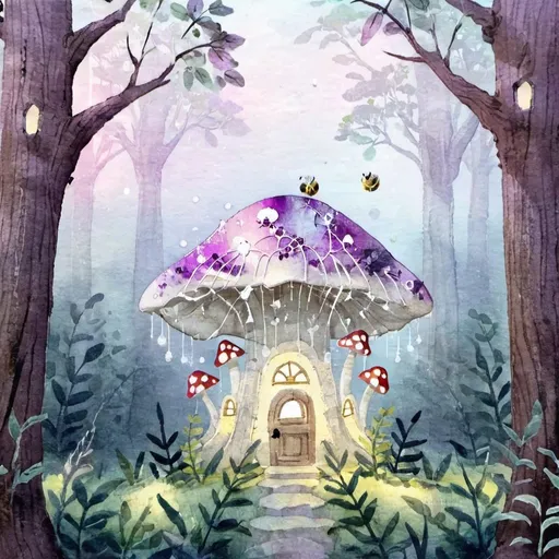 Prompt: Fantasy illustration of a majestic glowing mushroom and spiderweb palace, shimmering with iridescent hues, intricate mushroom and gossamer spiderweb structure, buzzing bee architects, lush moonlit forest surroundings, magical fantasy, high fantasy, intricate details, vibrant colors, dark and ethereal lighting, moth fairies, fairy palace, fae court, fairycore