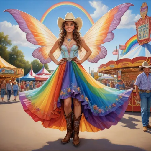 Prompt: Realistic illustration of a country western rainbow fairy at the state fair, highly detailed, oil painting, vibrant colors, soft natural lighting, fairy wings with iridescent details, flowing rainbow gown, cowboy boots, cowboy hat with floral accents, whimsical atmosphere, authentic western setting