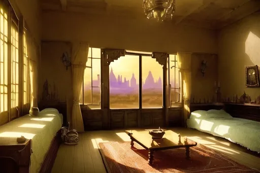 Prompt: Inside a cozy, common room for a dorm in a magic school within an African style desert castle, fantasy, warm and inviting atmosphere, detailed African-inspired architecture, magical relics and artifacts, sandy color tones, soft natural lighting, high quality, fantasy, cozy dorm room, African style castle, warm atmosphere, detailed architecture, magical relics, sandy tones, soft lighting, inviting