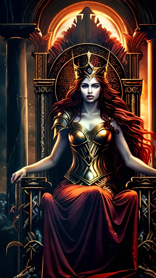 Prompt: Greek mythology queen, dark red hair, on a throne, regal attire, mystical ambiance, highres, detailed, oil painting, fantasy, dark tones, queen of the night, elegant, majestic, divine glow, atmospheric lighting