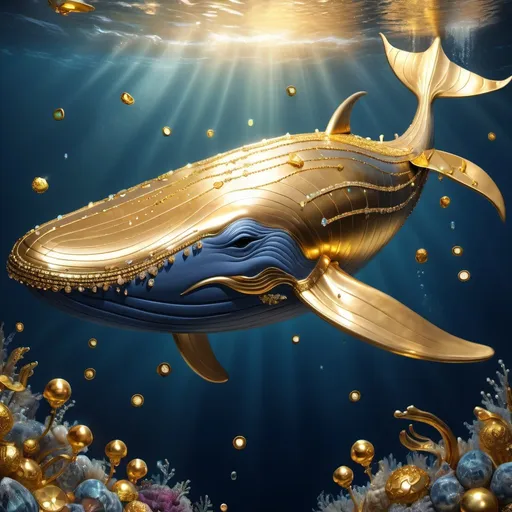 Prompt: Great blue whale covered in gold and gems, luxurious materials, sparkling details, high quality, realistic, majestic underwater scene, opulent golden ornaments, shimmering gemstones, deep ocean lighting, vibrant gold and gem tones