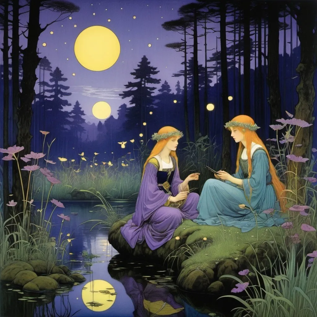 Prompt: Marianne Stokes, Masaaki Sasamoto, Carlos Schwabe, Virginia Frances Sterrett, Gustav Dore, Albrecht Durer: On a springs's night, a beautiful woman goes out to the cottagecore swampy wilderness to commune with the spirits of chaos and the cosmos, fireflies, horned owls, frogs and pixies, Mysterious, purple, detailed foliage