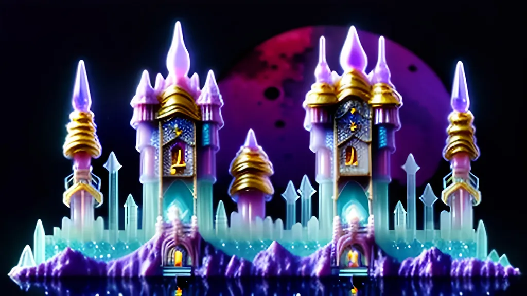 Prompt: lunar palace, crystal, iridescant, fantasy castle on a purple moon, celestian