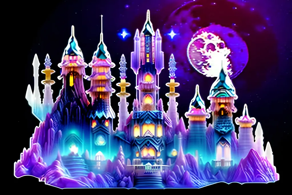 Prompt: lunar palace, crystal, iridescant, fantasy castle on a purple moon, celestian