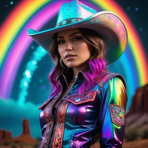 Prompt: Realistic space cosmic cowgirl in a trippy rainbow rave, iridescent, high-quality, realistic style, cosmic western, vibrant rainbow colors, psychedelic atmosphere, detailed cosmic scenery, professional lighting, realistic details, cosmic cowgirl outfit, space cowboy hat, iridescent effects, futuristic rave setting, cosmic cowboy attitude, cosmic cowgirl fashion, vivid colors