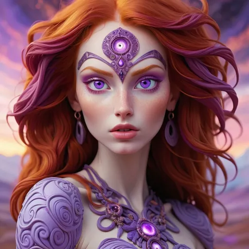 Prompt: divine redheaded godess, bright purple eyes, psychedelic landscape of infinite beauty, divine wisdom, (chaos given form by form in a state of chaos).