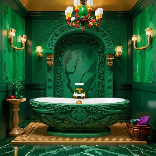 Prompt: Big bathtub carved out of dark green marble, stunning bohemian art bathroom, highres, detailed carving, bohemian, luxurious, vibrant color scheme, intricate patterns, art nouveau, atmospheric lighting