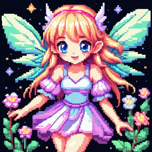 Prompt: Cute pixie pixel art, y2k core style, nostalgic princesscore, tumblr-inspired, high quality, atmospheric lighting, vibrant colors, fairy flying around, pixel art, cute, fairycore, y2k core, nostalgic, princesscore, tumblr, nostalgic vibes