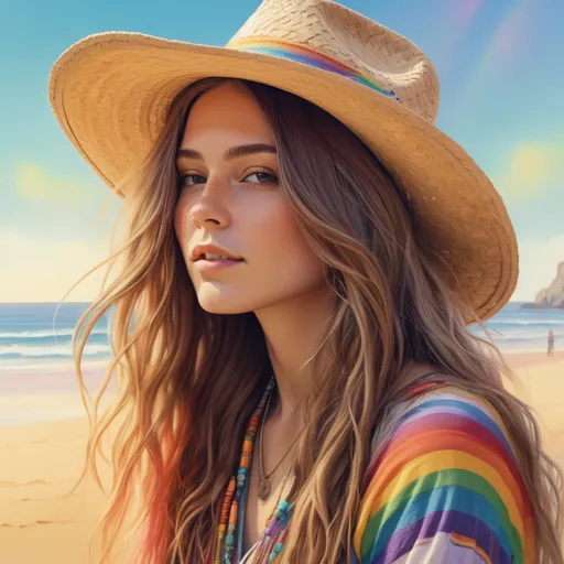 Prompt: Realistic illustration of a vibrant hippie cowgirl on a rainbow-colored beach, bohemian fashion, flowing long hair, peaceful expression, detailed surroundings, high quality, realism, bohemian style, rainbow colors, beach setting, detailed clothing, peaceful expression, realistic hair, vibrant atmosphere, natural lighting, California vibes, chill hippie wearing rainbows, straw hat