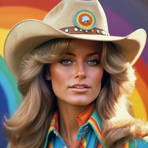 Prompt: Realistic portrait of a groovy 1970's cowgirl, iconic Farrah Fawcett hair, vibrant rainbow color palette, retro hippie fashion, detailed facial features, high-quality realism, vintage, groovy, rainbow, cowgirl, Farrah Fawcett hair, 1970's fashion, detailed portrait, vibrant colors, iconic, vintage vibes, realistic style, groovy lighting