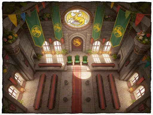 Prompt: a fantasy throne room from above, eagle eye, a dwarven constructed throne room, A large central golden throne with a decorative stained glass window with a yellow dragon behind it. The room is decorated with green banners with a yellow dragon and plants. Next to the throne are four smaller green thrones. A red carpet is on the floor of the nave of the throne room. Benches are on either side of the red carpet. Flowers and colorful flags hang from the ceiling.
