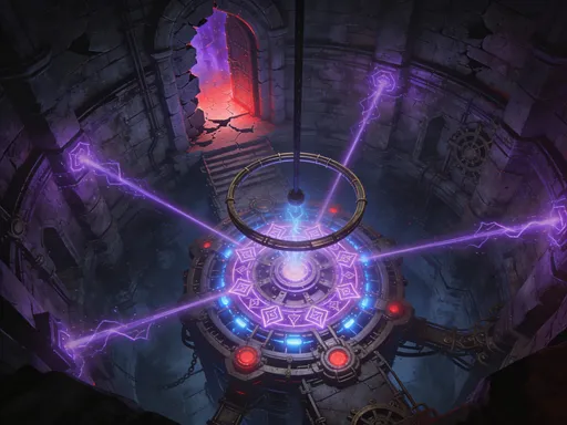 Prompt: A Dnd map, the interior of an ancient magical tower, in the center of the room there is a circular mechanical device illuminated by purple runes and powered by blue and red lights, a very large metal hoop is floating perpendicularly above the machine with four rays of purple energy converge from the edges of the circle towards its center, at the top a broken stone portal illuminated by a reddish purple light