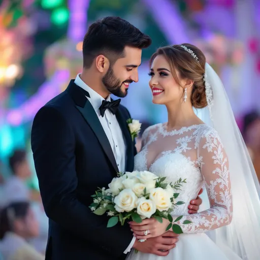 Prompt: Bathed in soft light, a bride and groom stand closely together, exuding an aura of love and intimacy. The bride, adorned in an elegant white gown with intricate lace details, holds a bouquet of white roses accented with greenery, while her gentle smile hints at her joy. The groom, dressed in a sharp black tuxedo with a bowtie, gazes affectionately at her, providing comfort with his hand resting lightly on her shoulder. The backdrop, subtly blurred, features vibrant colors that suggest a wedding celebration, enhancing the romantic atmosphere of this cherished moment. Their expressions reflect a deep emotional connection, capturing the essence of their union.
