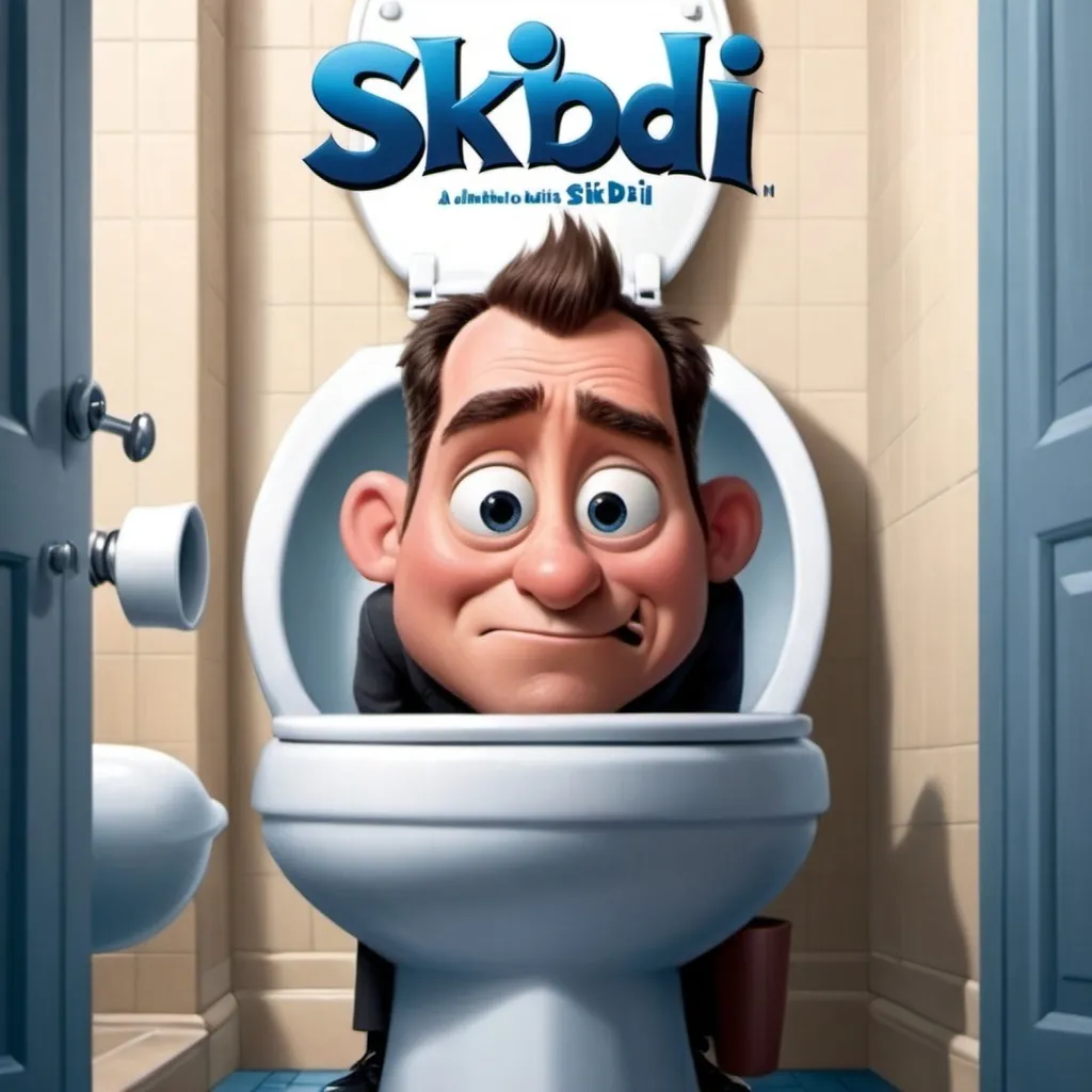 Prompt: a PG Disney Pixar animated movie poster named "skibidi toilet" with the head of a man with a long neck extending out of the toilet bowl with the words "Skibidi Toilet" in the poster in a whimsical font