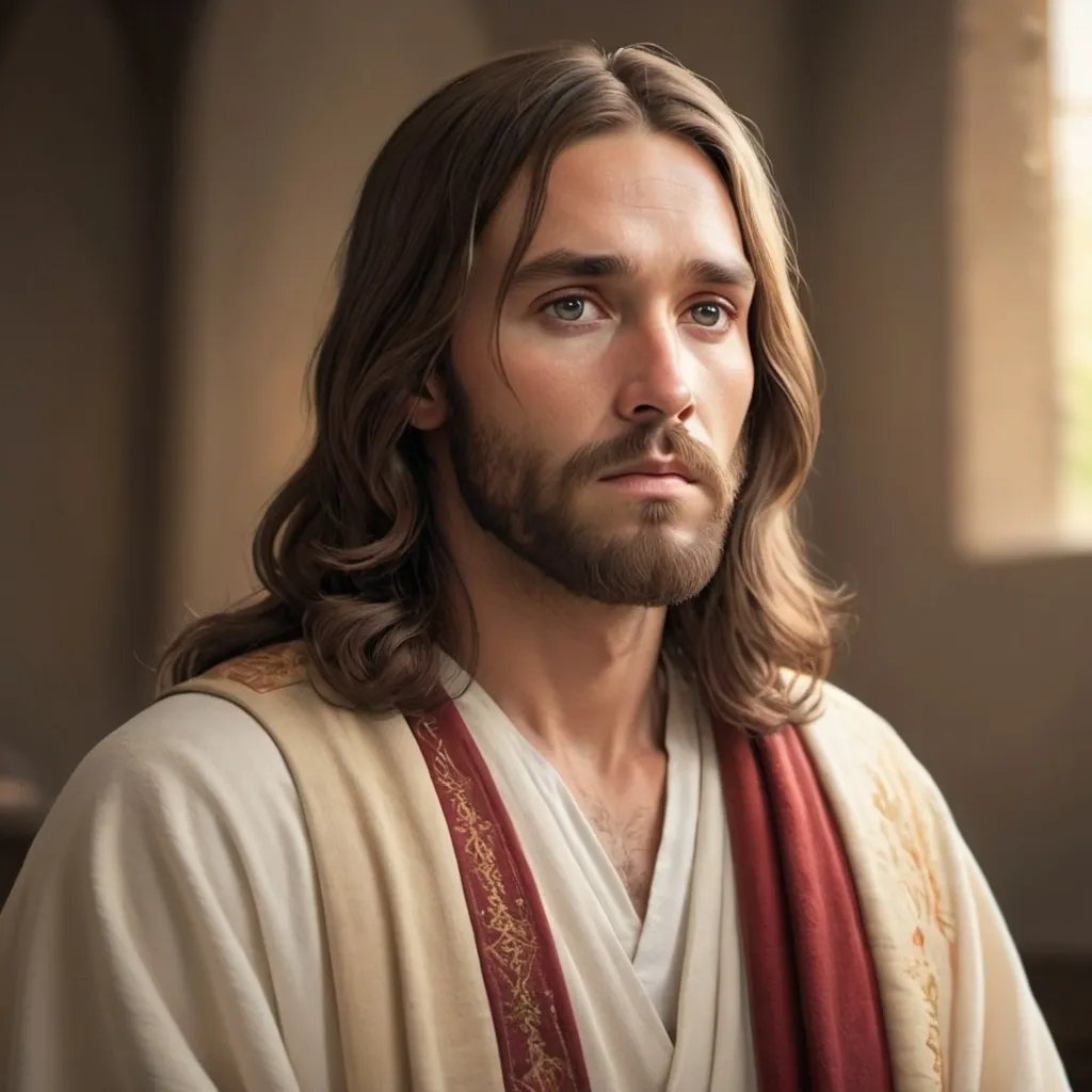 Prompt: 2D illustration of Jesus with long hair and a beard, wearing traditional robes, with a serene expression and soft lighting